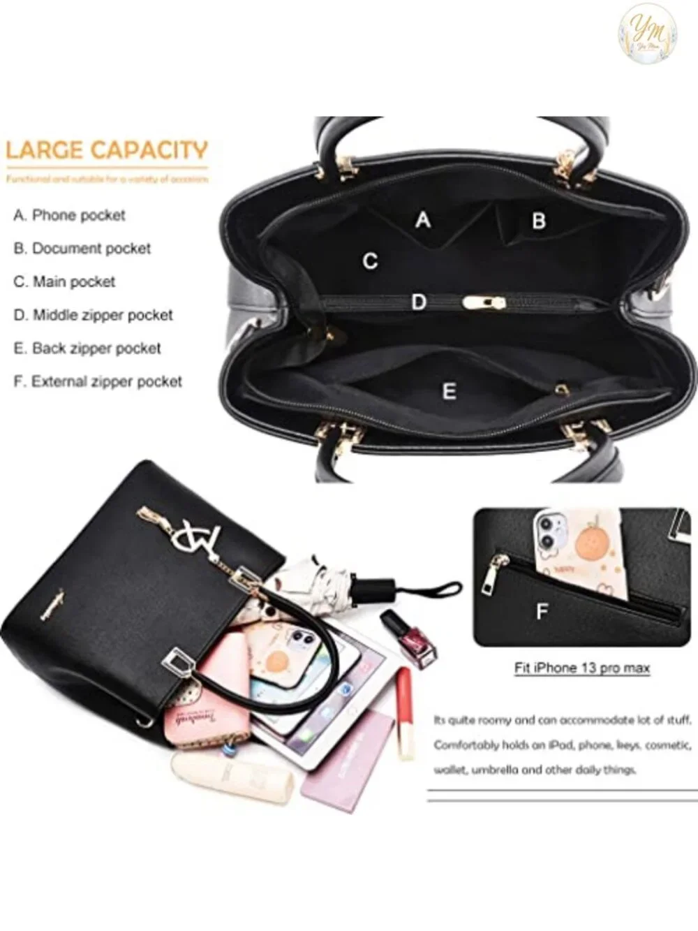 Faux Leather Satchel Tote Purse - 3-in-1 Shoulder & Crossbody Bag